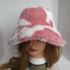 Pink and White Cow Print Faux Fur Fuzzy Bucket Hat